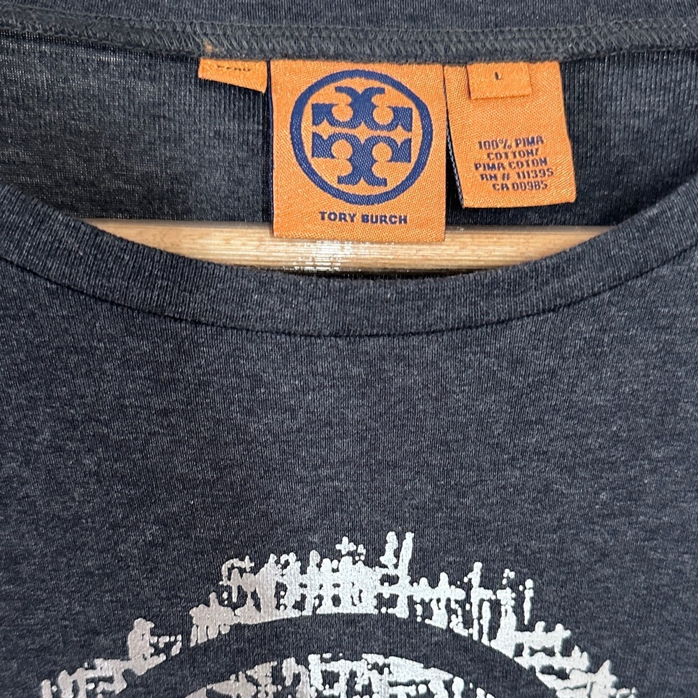 Tory Burch Dark Grey Monogram Pima Cotton Long-Sleeve Crew Tee - Picture 3 of 8
